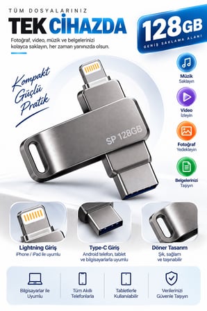 Çoklu Girişli 128GB Lightning Type C USB Flash Bellek Telefon Tablet ve Bilgisayar Uyumlu