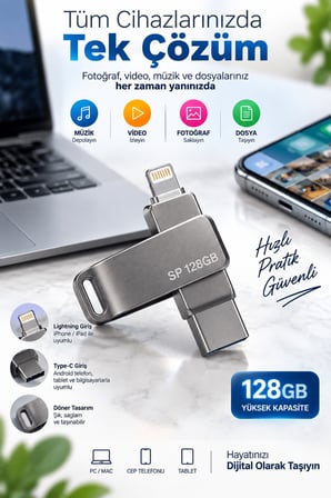 Çoklu Girişli 128GB Lightning Type C USB Flash Bellek Telefon Tablet ve Bilgisayar Uyumlu