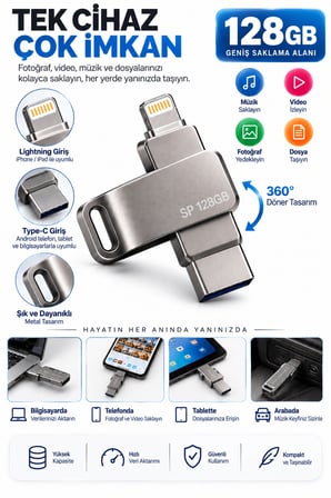 Kompakt Tasarımlı 128GB Çok Amaçlı USB Flash Bellek Lightning Type C Girişli Taşınabilir Depolama