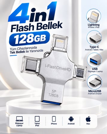 Çoklu Cihaz Uyumlu 128GB 4in1 USB Flash Bellek Lightning Type-C USB-A MicroUSB