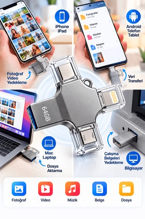 Kompakt ve Taşınabilir Tasarıma Sahip 64GB Lightning Type C USB MicroUSB Çoklu Kullanımlı Flash Bell