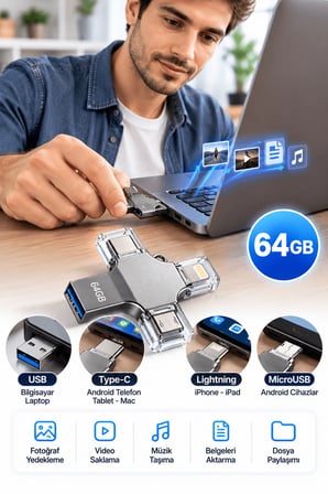 Tek Ürünle Birden Fazla Cihazda Kullanım Sunan 64GB Lightning Type C USB MicroUSB Girişli Flash Bell