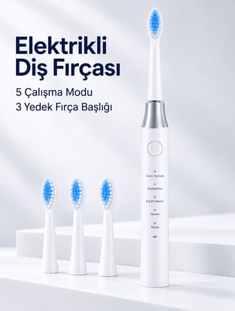 3 Yedek Başlık Hediyeli USB Şarjlı Beyaz Elektrikli Diş Fırçası