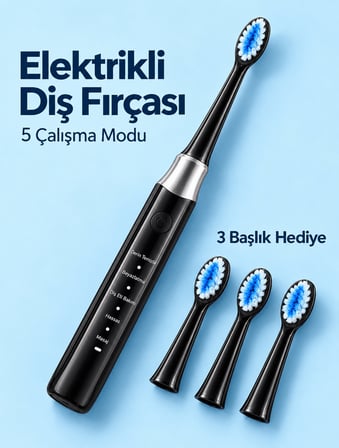 Değiştirilebilir Başlıklı Siyah Elektrikli Diş Fırçası 5 Mod ve 3 Yedek Başlık