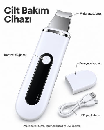 Koruyucu Kapak ve USB Kablolu Beyaz Metal Spatula Cilt Bakım Seti