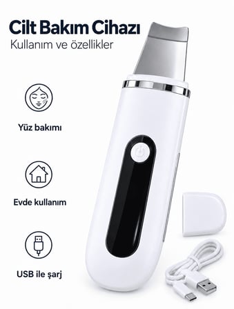 Koruyucu Kapak ve USB Kablolu Beyaz Metal Spatula Cilt Bakım Seti