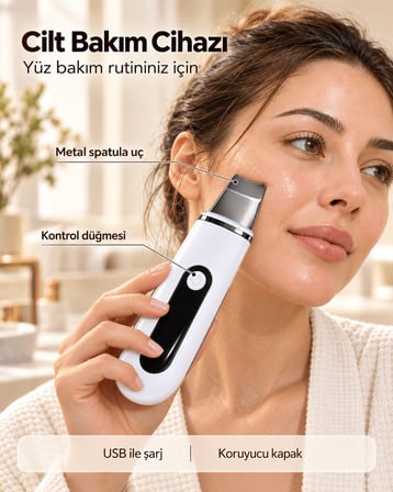 Yüz Bakım Rutini İçin Metal Uçlu USB Şarjlı Beyaz Cilt Bakım Cihazı