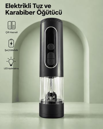 Çift Hazneli Şarj Edilebilir Elektrikli Tuz ve Karabiber Öğütücü Siyah