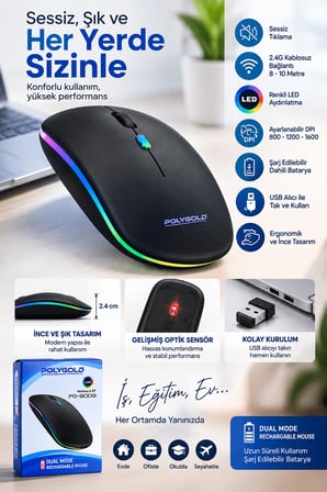 Ofis Ev Okul Kullanımına Uygun Şarjlı Kablosuz Mouse