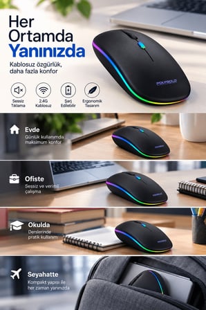 8 10 Metre Menzilli Şarj Edilebilir Kablosuz Mouse