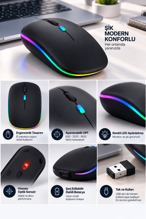 8 10 Metre Menzilli Şarj Edilebilir Kablosuz Mouse