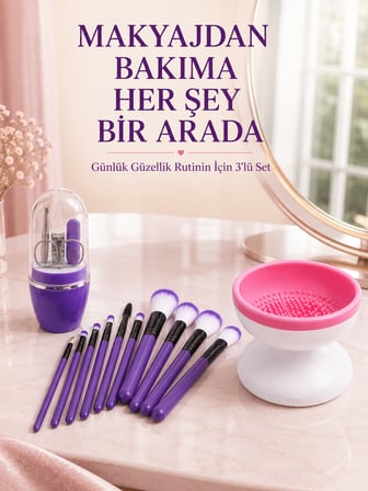 3’lü Güzellik ve Bakım Seti 12’li Mor Makyaj Fırçası Fırça Temizleme Cihazı