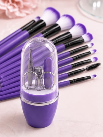 12’li Mor Makyaj Fırça Seti ve Tırnak Bakım Seti Manikür Pedikür Malzemeleri
