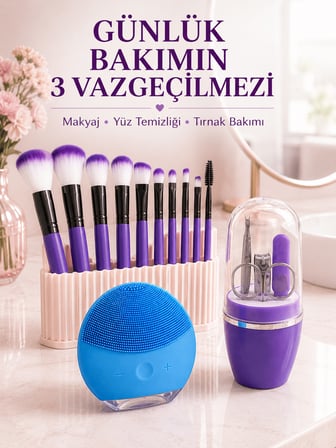 3’lü Güzellik ve Bakım Seti 12’li Mor Makyaj Fırçası Silikon Yüz Temizleme