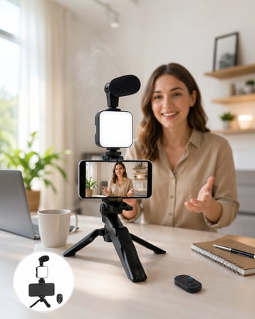 Vlog Kiti LED Işıklı Mikrofonlu Telefon Tutucu