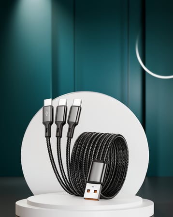 3 Başlıklı Şarj Kablosu 1,2 Metre TPE Alüminyum
