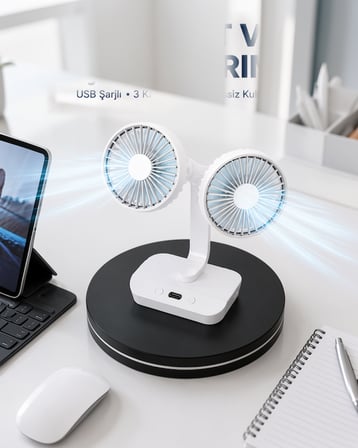 720° Döner Çift Kafalı USB Şarjlı Sessiz Masaüstü Vantilatör