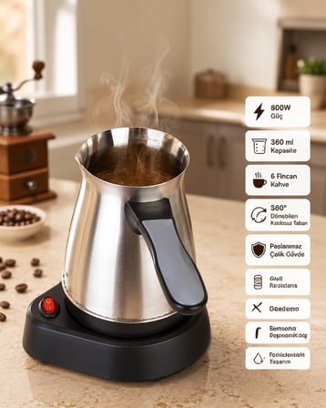 Elektrikli Cezve 360 ml Siyah Gri Kablolu