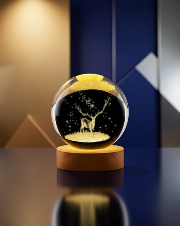 Kristal Küre LED Lamba Geyik Figürlü Ahşap Standlı