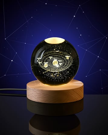 LED Işıklı Kristal Gezegen Küre Ahşap Tabanlı