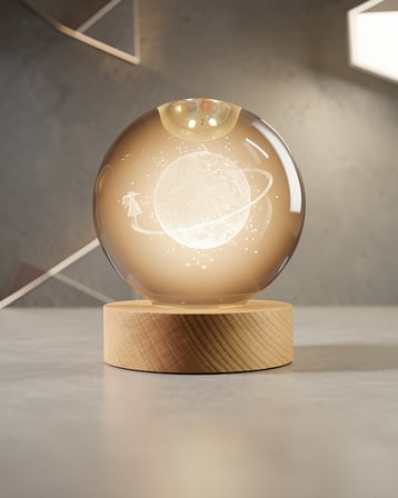 Işıklı Sarı Cam Küre Kız Figürü Ahşap Standlı Dekoratif Lampa