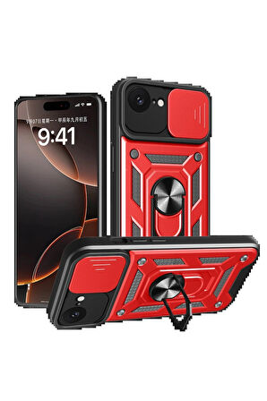 16E Kılıf Pars Lens Yüzüklü Silikon - Kırmızı