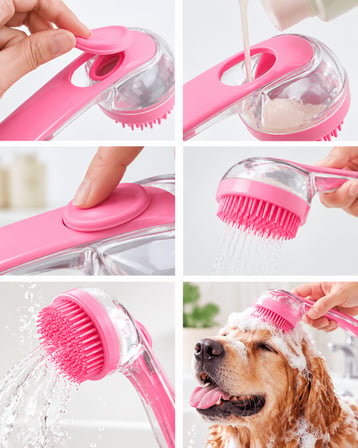1. Yumuşak Silikon Uçlu Pet Banyo Fırçası Şampuan Hazneli Kedi Köpek Yıkama ve Masaj Tarağı