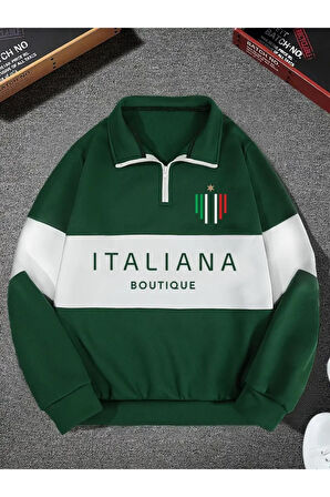 Unisex Yeşil Boutique Baskılı Oversize Parçalı Polo Yaka Fermuarlı Sweatshirt