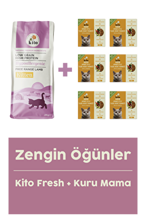 Yavru Kedi Maması 2 Kg + Fresh Hindi Etli Taze Köpek Yemeği X 6