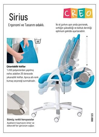 Creo Mobili Yükseklik ve Sırt Ayarlı Sirius Çalışma Sandalyesi, Ofis ve Bilgisayar Koltuğu, Mavi/Beyaz