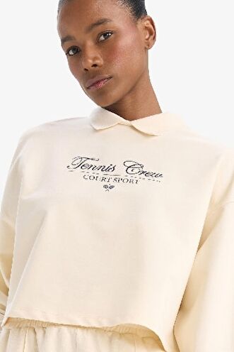 DeFactoFit Oversize Geniş Kalıp Polo Yaka Slogan Baskılı Sporcu Sweatshirt