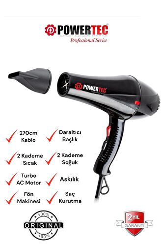 Powertec TR-901 2500 W AC Motor Profesyonel Sıcak ve Soğuk Saç Kurutma ve Fön Makinesi