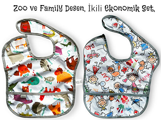 Yorni , 2 Adet, Ekonomik Set, 6-24AY, Zoo ve Family Desen, Sıvı Geçirmeyen, Cepli, Cırtlı Mama Önlüğü, Önlük