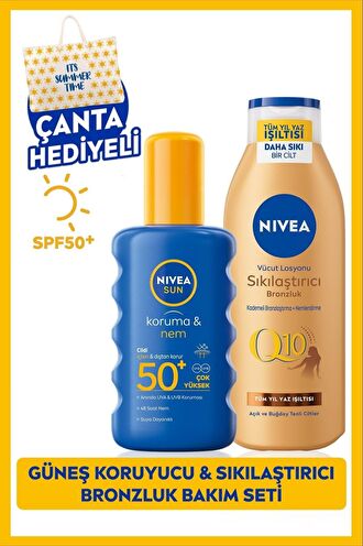 NIVEA SUN Güneş Koruyucu Vücut Spreyi 200ml SPF50 ve Q10 Sıkılaştırıcı Bronzluk Losyon 200ml, Çanta Hediye