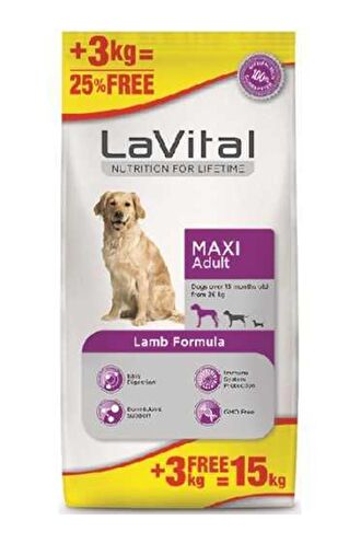 LaVital Kuzu Etli Büyük Irk Yetişkin Kuru Köpek Maması 12 kg+3 kg