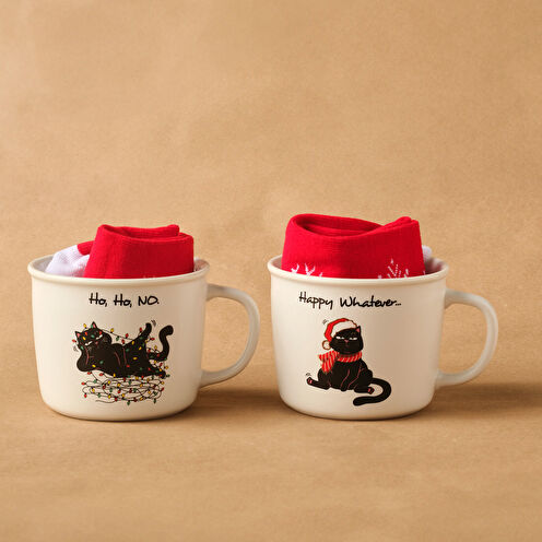Karaca New Year Yılbaşı Grumpy Cat Çoraplı 2 Kişilik Kupa Seti 350 ml