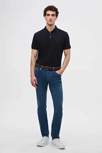 Ds Damat Regular Fit Lacivert Pike Dokulu %100 Pamuk Kıvrılmaz Polo Yaka Nakışlı T-Shirt 4HC14ORT51000