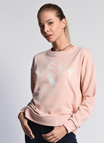 ALAMEDA Pembe Bisiklet Yaka Baskılı Oversize Kadın Sweatshirt