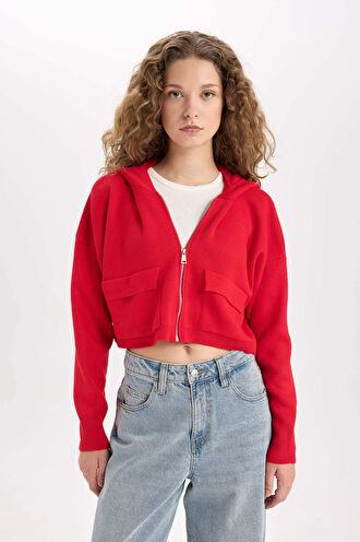 Regular Fit Kapüşonlu Basic Düz Fermuarlı Triko Hırka