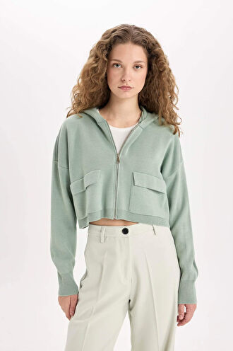 Regular Fit Kapüşonlu Basic Düz Fermuarlı Triko Hırka