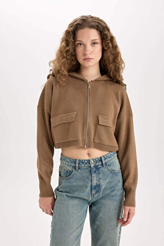 Regular Fit Kapüşonlu Basic Düz Fermuarlı Triko Hırka