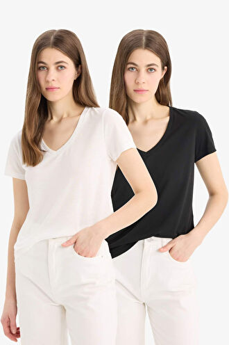 Regular Fit V Yaka Basic Düz 2'li Tişört 