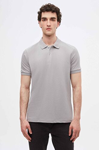 Ds Damat Regular Fit Gri Pike Dokulu %100 Pamuk Kıvrılmaz Polo Yaka Nakışlı T-Shirt 4HC14ORT51000