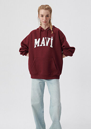 Mavi Logo Baskılı Kapüşonlu Bordo Sweatshirt 1600361-85493