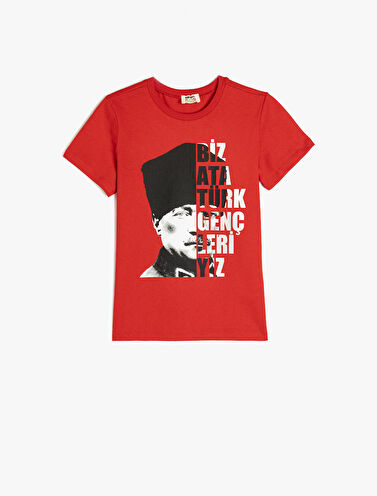Atatürk Baskılı Kısa Kollu  Bisiklet Yaka Pamuklu Tişört