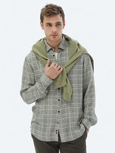 Bej Kareli Regular Fit Dokuma Casual Gömlek