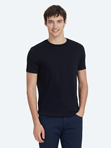 Lacivert Düz Bisiklet Yaka %100 Pamuk T-Shirt
