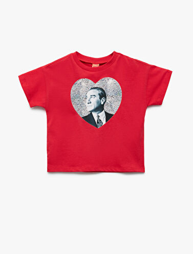 Atatürk Baskılı Kısa Kollu Bisiklet Yaka Pamuklu Tişört
