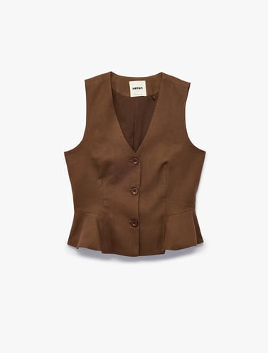 V Yaka Düğmeli Peplum Keten Yelek