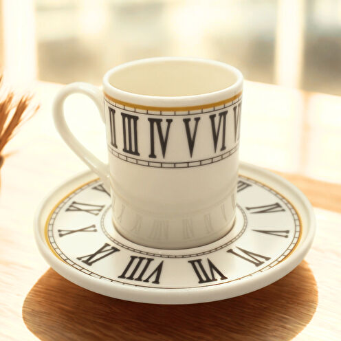Saat Desenli 6 Kişilik Porselen Kahve Fincan Takımı